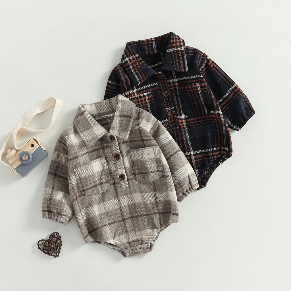 Citgeett Autumn Infant Baby Boy Bodysuit Buttons Lapel Long Sleeve Plaid Pattern Jumpsuit Pockets Fall Clothes