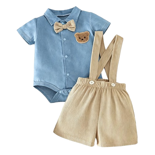 IURNXB Baby Boys 2Pcs Gentleman Outfits Infant Bear Print Short Sleeve Bodysuit & Suspender Shorts Set Casual Wear 1-18M