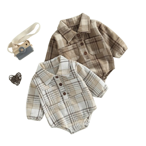 Citgeett Autumn Infant Baby Boy Bodysuit Buttons Lapel Long Sleeve Plaid Pattern Jumpsuit Pockets Fall Clothes