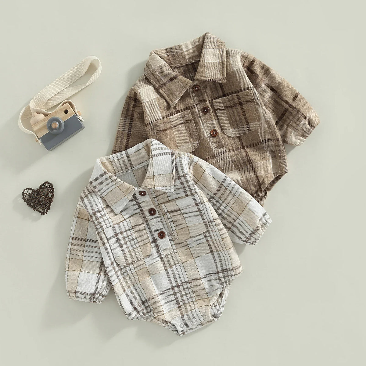Citgeett Autumn Infant Baby Boy Bodysuit Buttons Lapel Long Sleeve Plaid Pattern Jumpsuit Pockets Fall Clothes