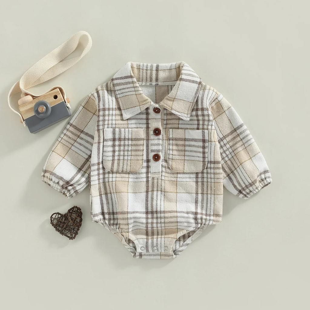 Citgeett Autumn Infant Baby Boy Bodysuit Buttons Lapel Long Sleeve Plaid Pattern Jumpsuit Pockets Fall Clothes