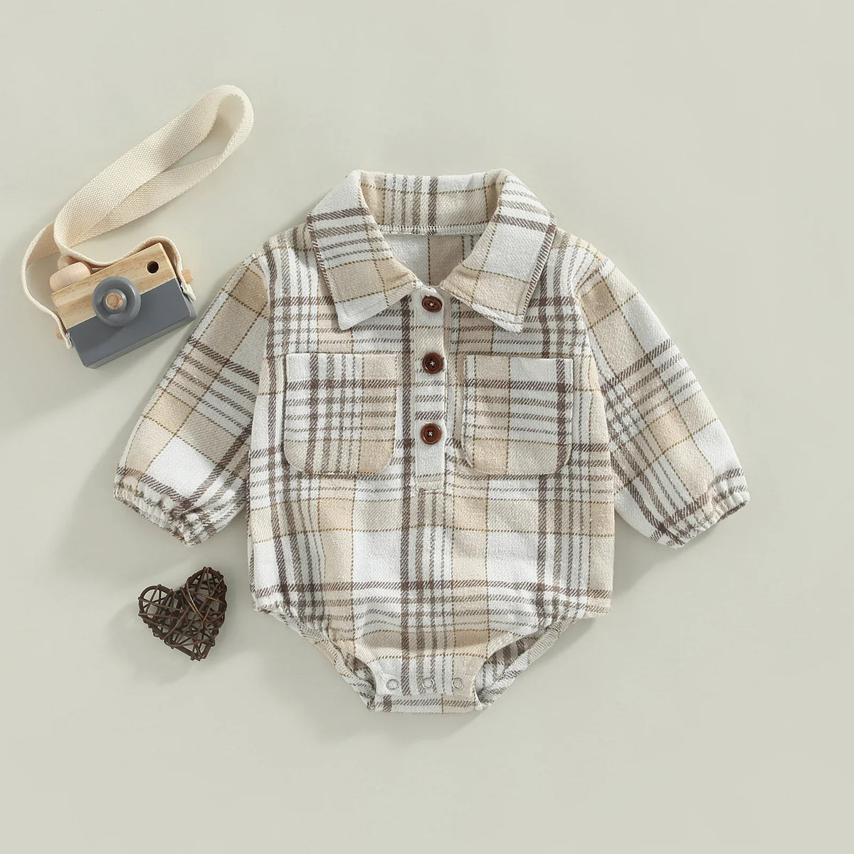 Citgeett Autumn Infant Baby Boy Bodysuit Buttons Lapel Long Sleeve Plaid Pattern Jumpsuit Pockets Fall Clothes