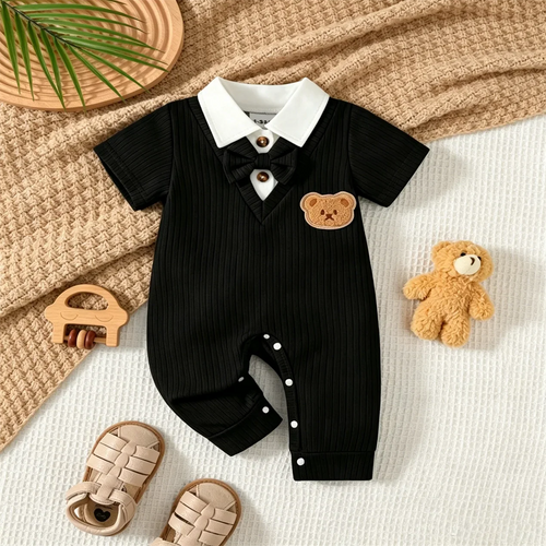 Baby Boy Jumpsuit Lapel Collar and Short Sleeves Suitable for 0-18 Months Baby Boys' Birthday Parties Little Gentleman Jumpsuits