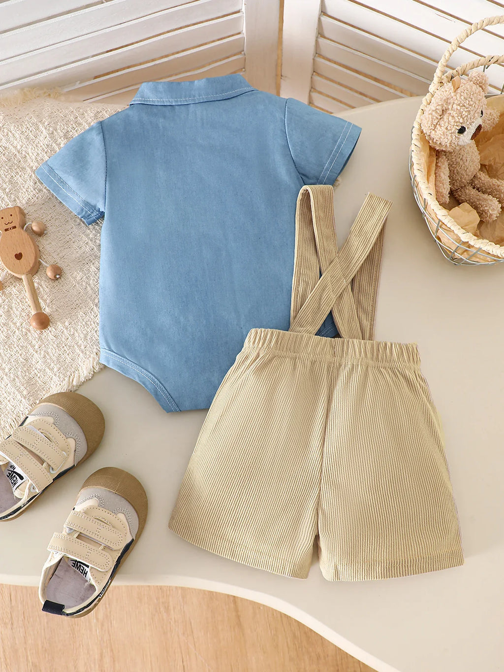 IURNXB Baby Boys 2Pcs Gentleman Outfits Infant Bear Print Short Sleeve Bodysuit & Suspender Shorts Set Casual Wear 1-18M