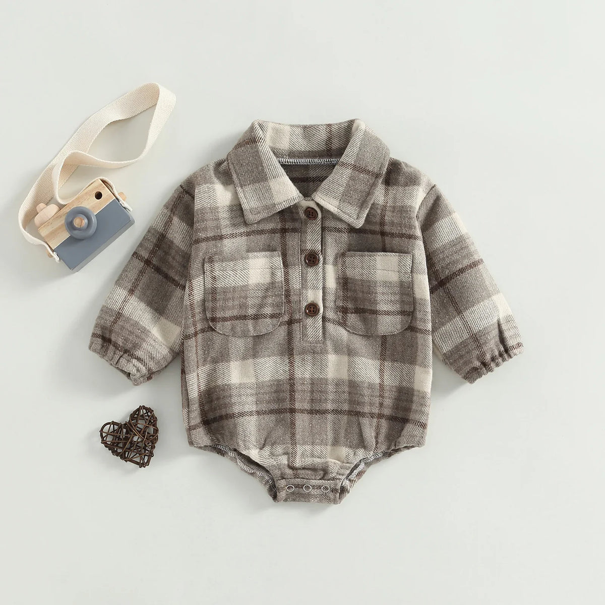 Citgeett Autumn Infant Baby Boy Bodysuit Buttons Lapel Long Sleeve Plaid Pattern Jumpsuit Pockets Fall Clothes