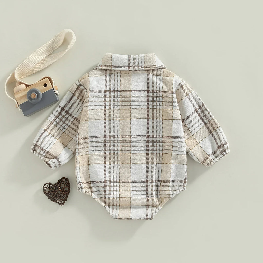 Citgeett Autumn Infant Baby Boy Bodysuit Buttons Lapel Long Sleeve Plaid Pattern Jumpsuit Pockets Fall Clothes