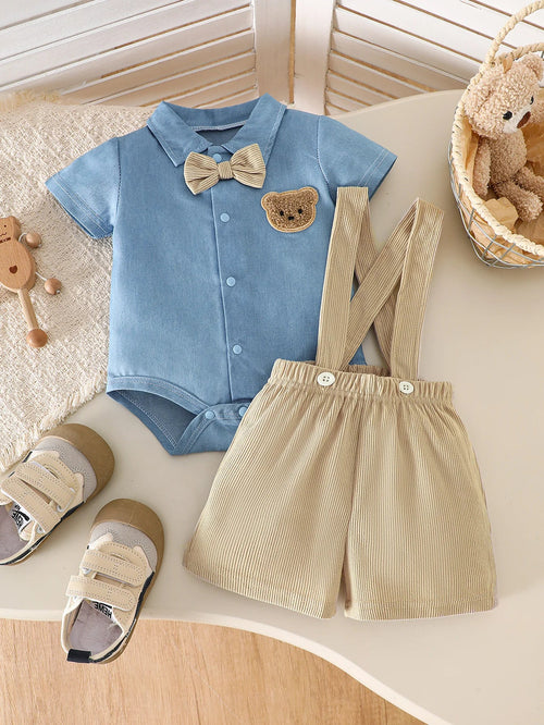 IURNXB Baby Boys 2Pcs Gentleman Outfits Infant Bear Print Short Sleeve Bodysuit & Suspender Shorts Set Casual Wear 1-18M